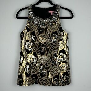 Lilly Pulitzer Sleeveless Tropic Top 4 Black Metallic Vintage Brocade Jeweled